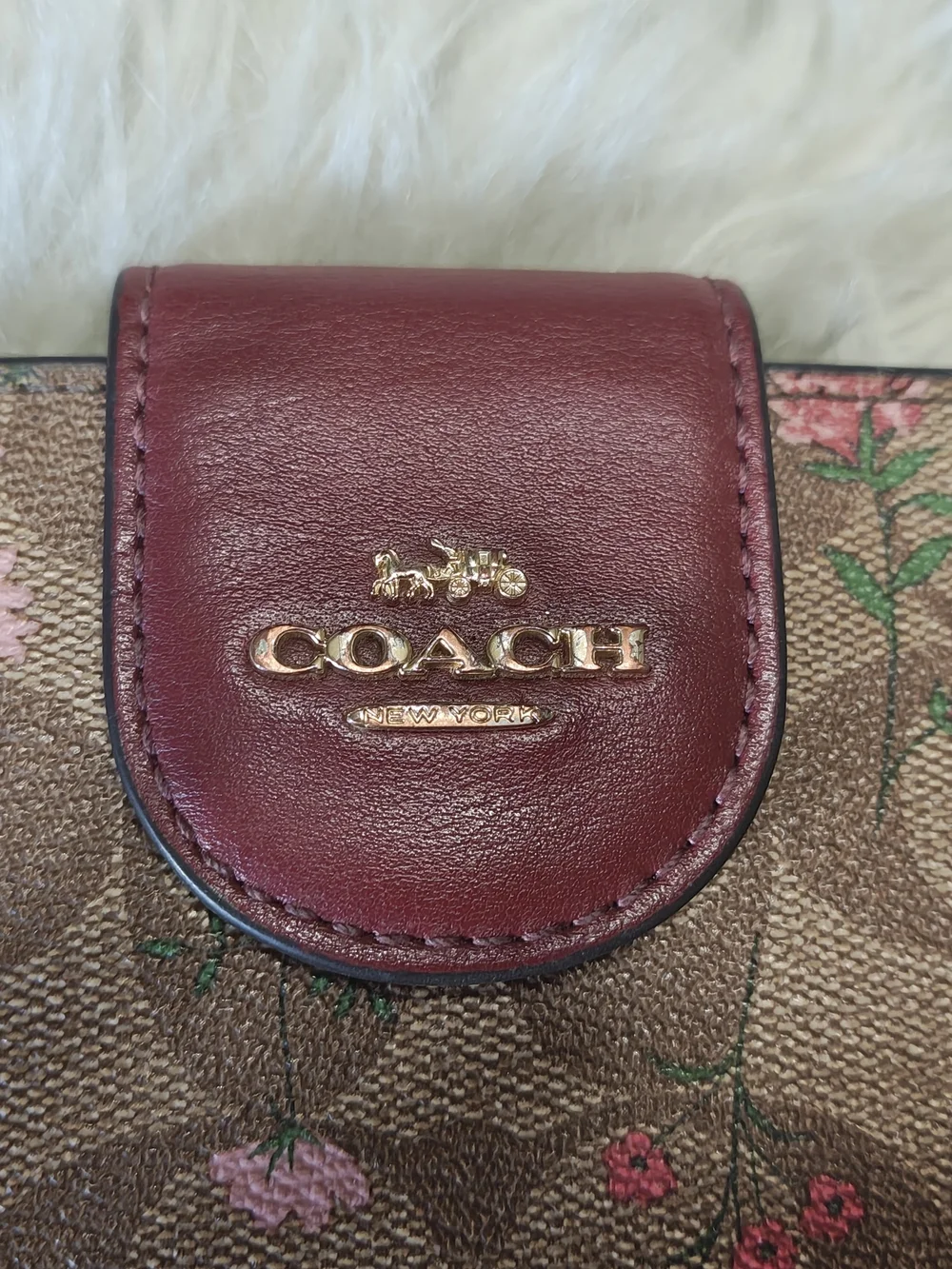 Coach Brown Signature Floral Accordion Wallet with Burgundy Snap - Picture 3 of 4